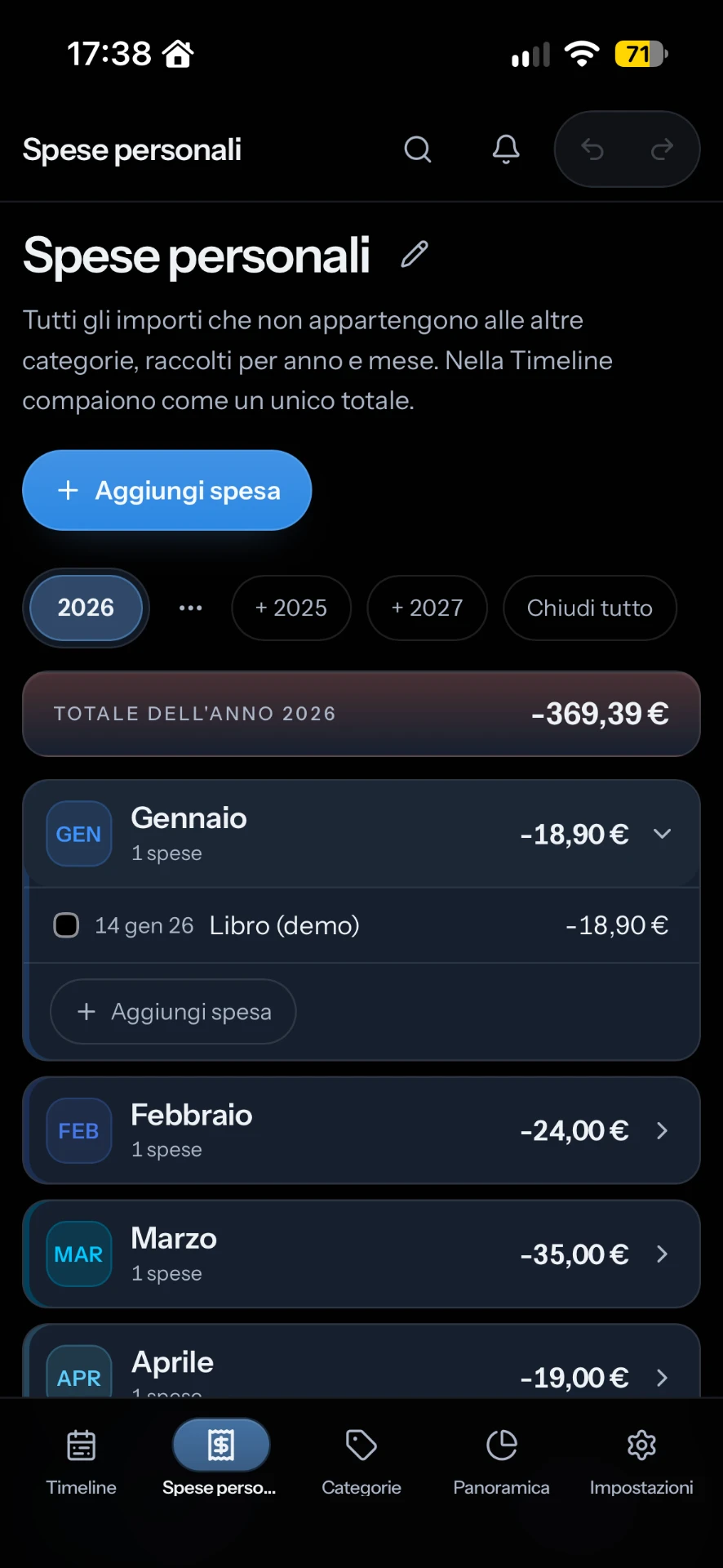 Timeline360 Mobile – Spese personali